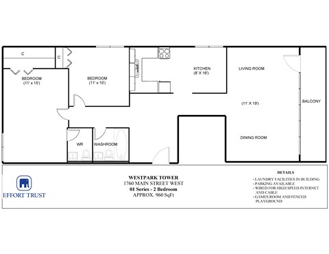 Floor plan for 2 beds, 1 bath, 960 sqft